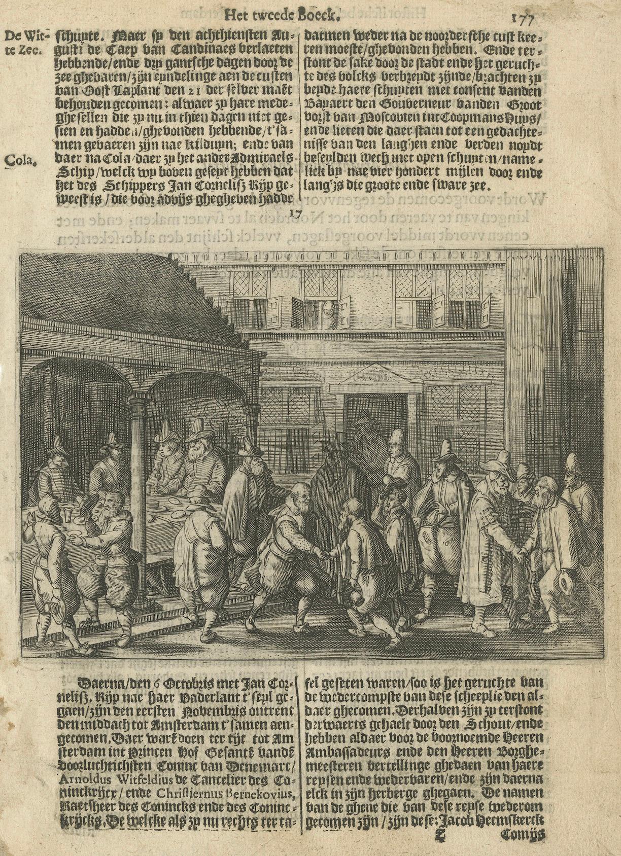 Die Rückkehr der niederländischen Entdecker in den Hafen von Amsterdam, Pontanus, 1611 (Papier) im Angebot