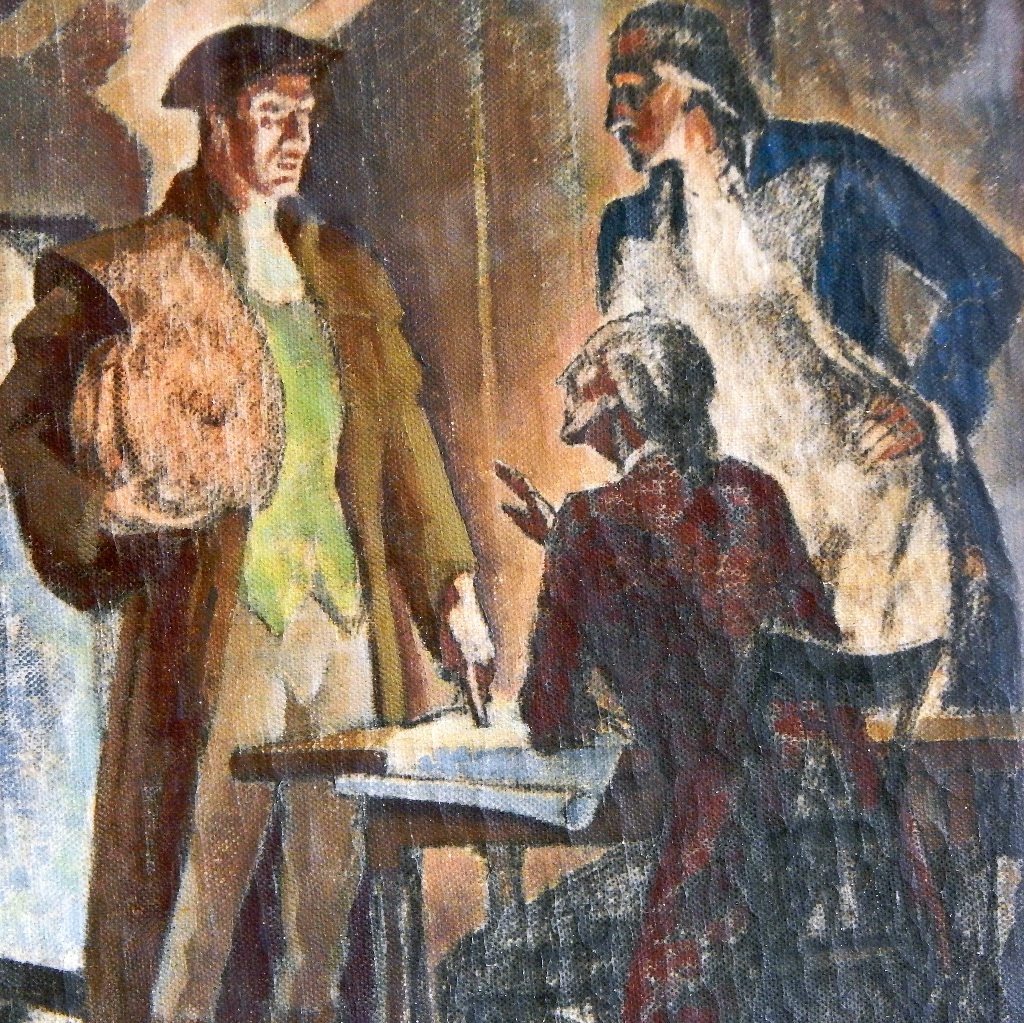 Diese stimmungsvolle, farbenprächtige und dramatische Öl-auf-Leinwand-Studie von Dunbar Beck wurde in Vorbereitung auf sein Gemälde in der Eingangshalle des US Post Office in Danvers, Massachusetts, angefertigt. Bis zu seiner Unabhängigkeit in der