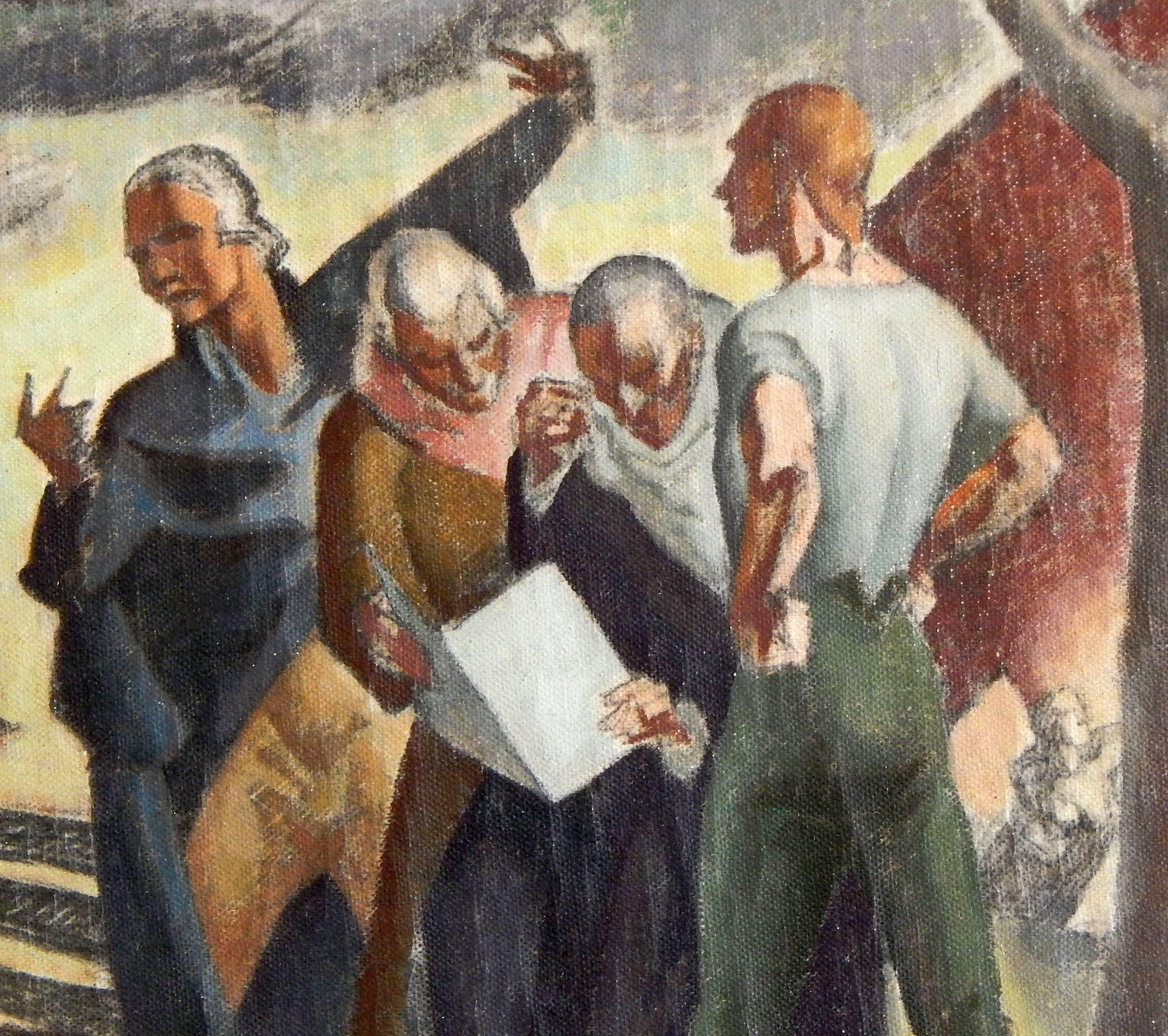 Américain « Le retour de Thomas Pickering », importante peinture à l'huile de la période WPA, réalisée par Beck en vente