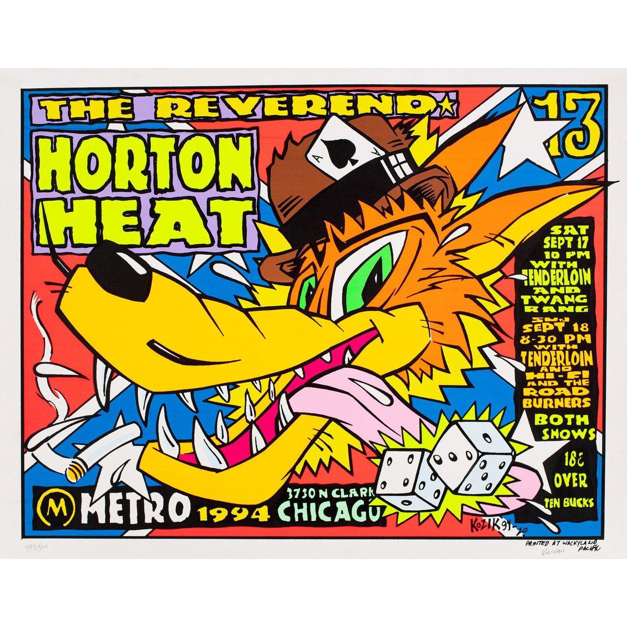 Original 1994 U.S. mini poster by Frank Kozik for The Reverand Horton Heat (1994). Signed by Frank Kozik. Very Good-Fine condition, rolled. Please note: the size is stated in inches and the actual size can vary by an inch or more.
