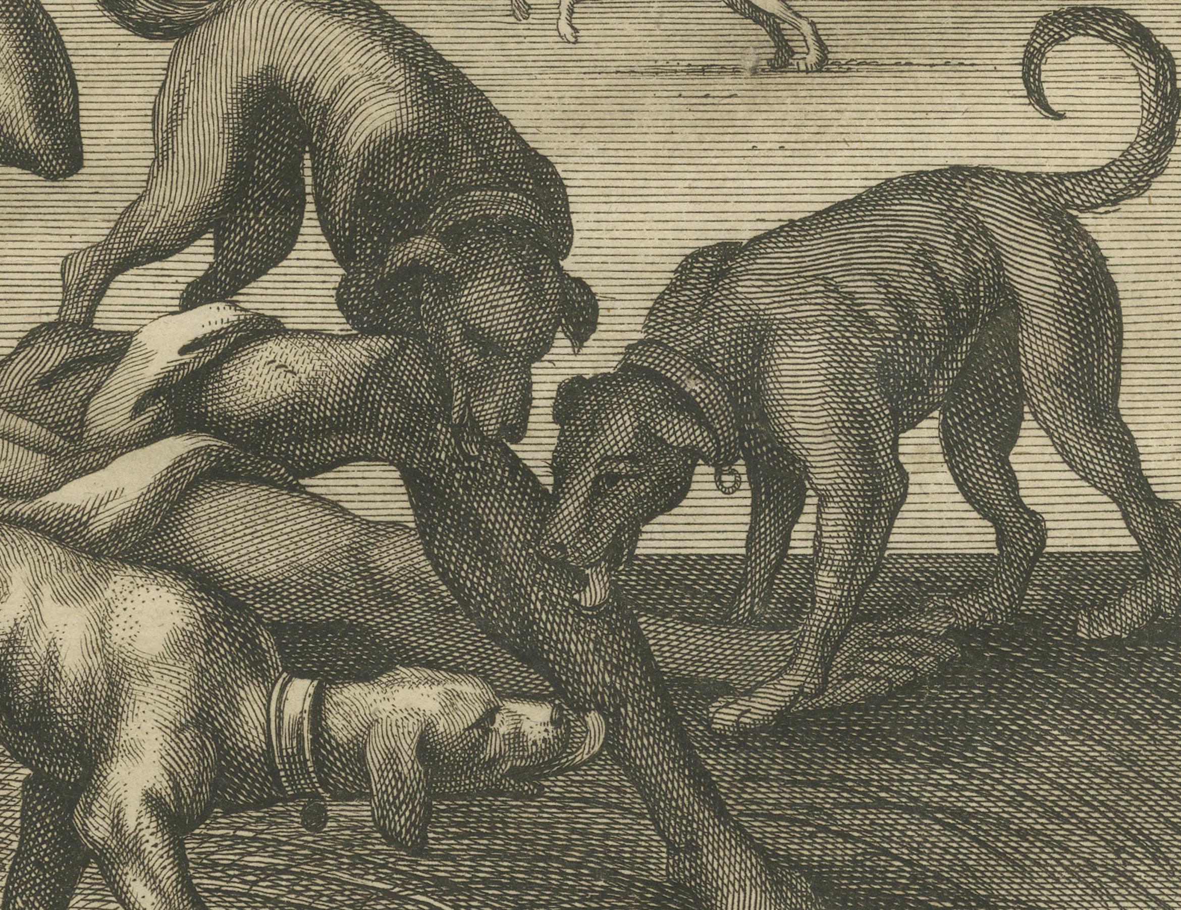 Inciso Incisione Il ricco goloso e Lazarus - Scena biblica di Luca XVI 1735 in vendita