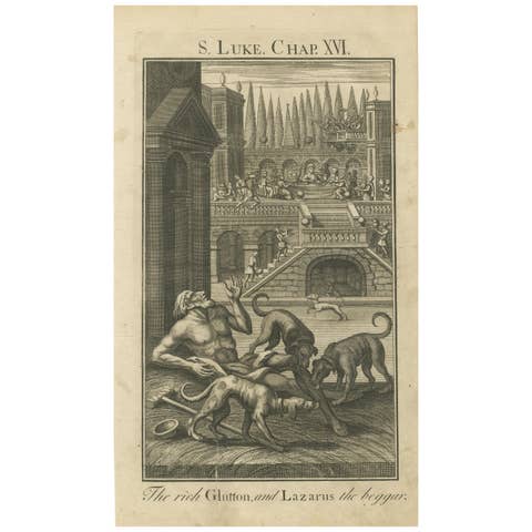 The Rich Glutton and Lazarus Engraving – Luke XVI Biblical Scene 1735