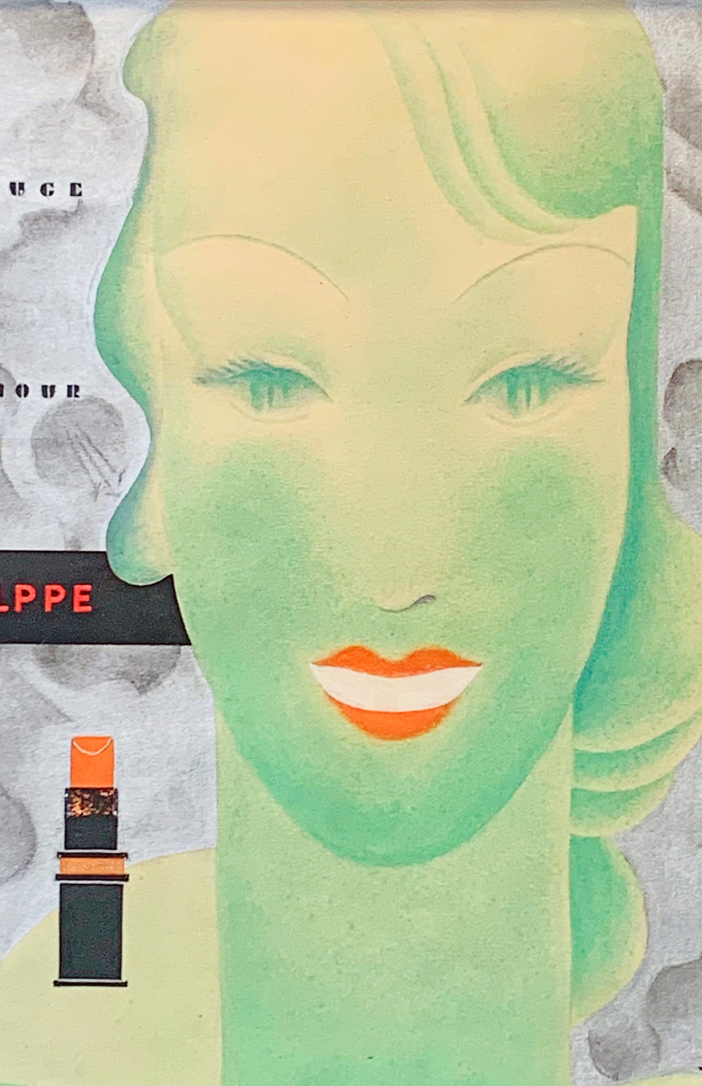 Brilliantly conceived and executed, this original painting from the 1940s was proposed for an advertisement that would market three red lipsticks made by Louis Philippe, with the memorable tagline, 