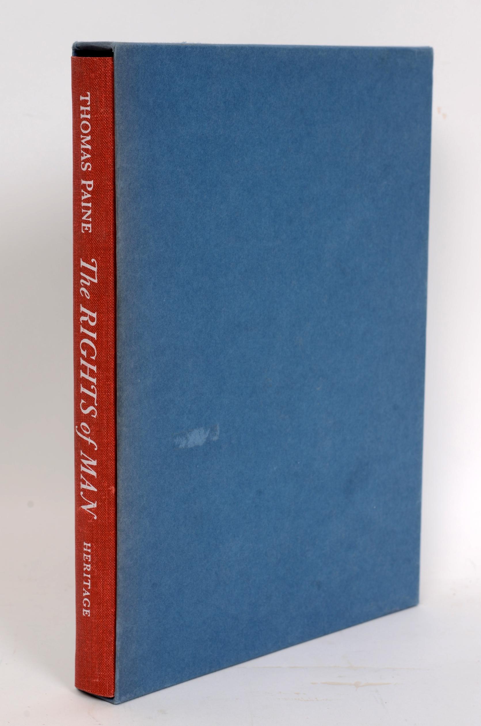 The Rights of Man by Thomas Paine. Heritage Press, Norwalk, 1961. First Edition thus hardcover with slipcase and original paperwork. It is a book by Thomas Paine, made up of 31 articles arguing that popular political revolution is permissible when a