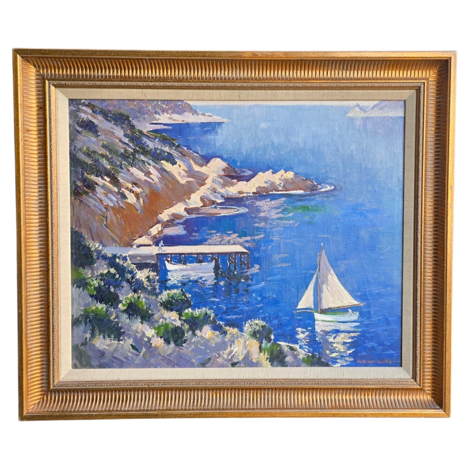 The Riviera Oil on Canvas Painting, Mid 20th Century, Signed 'Norman Lloyd For Sale