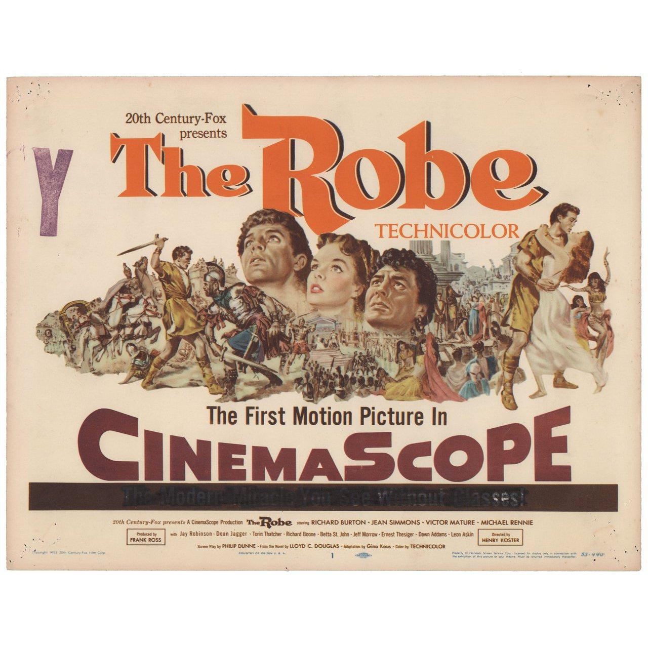 Original 1953 U.S. title card for the film The Robe directed by Henry Koster with Richard Burton / Jean Simmons / Victor Mature / Michael Rennie. Very good condition, pinholes and censor stamp. Please note: the size is stated in inches and the