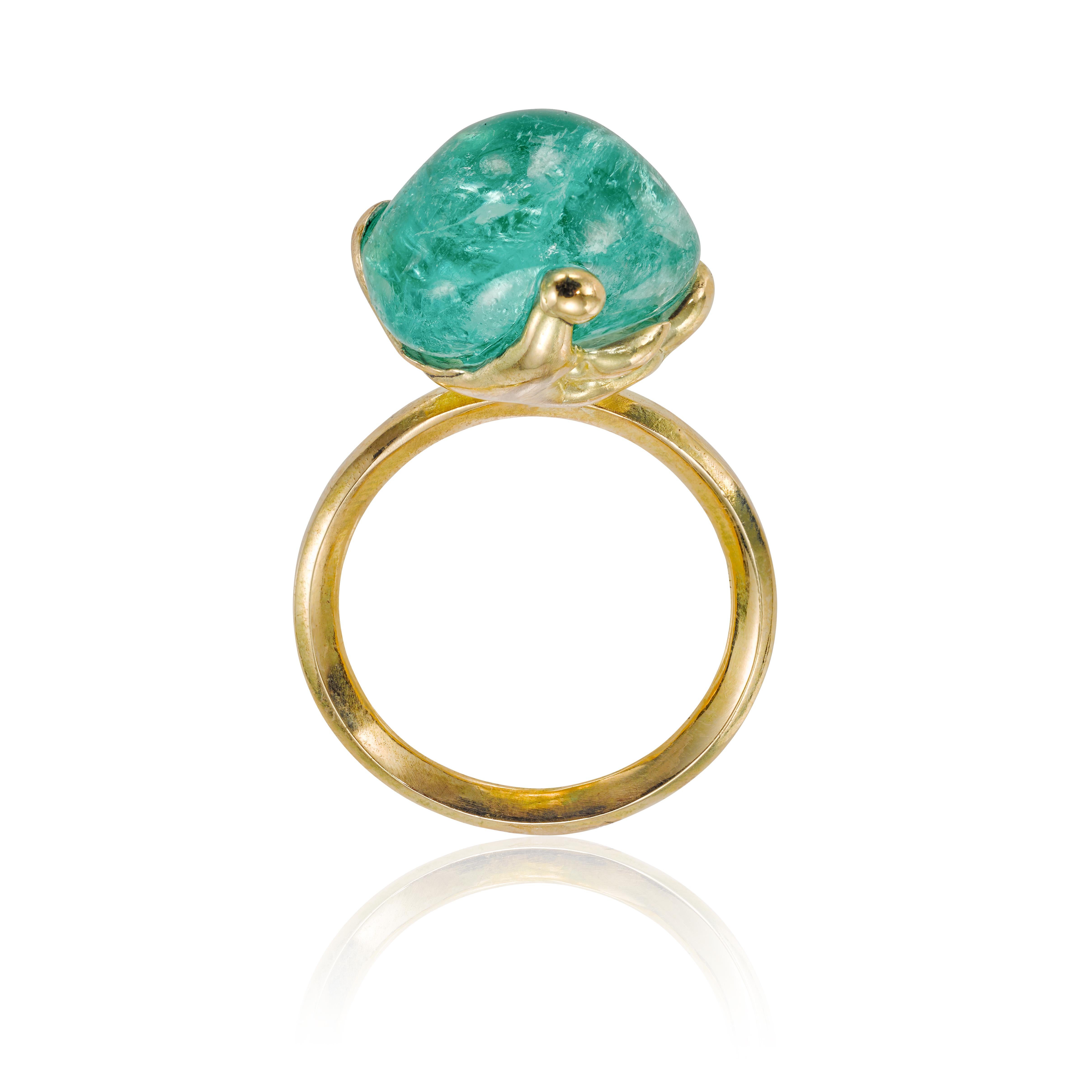 Measurements
Gemstone: 11.05 Carat Tumbled Muzo Emerald Colombia
Metal: 7.7g 18 Carat Recycled Yellow Gold
UK Ring size: M (US size approx 6 1/2)

The Rock Hound x Muzo Emerald Colombia
Molten MUZO Ring I

Molten MUZO celebrates the organic flowing