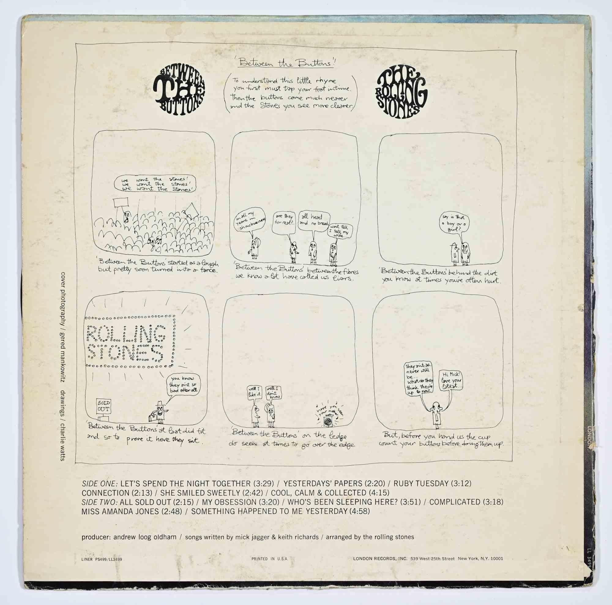 Pressage mono original américain de Between the Buttons (London Records, LL 3499), sorti en 1967. Cet album, qui marque une évolution stylistique pour le groupe, contient les classiques 