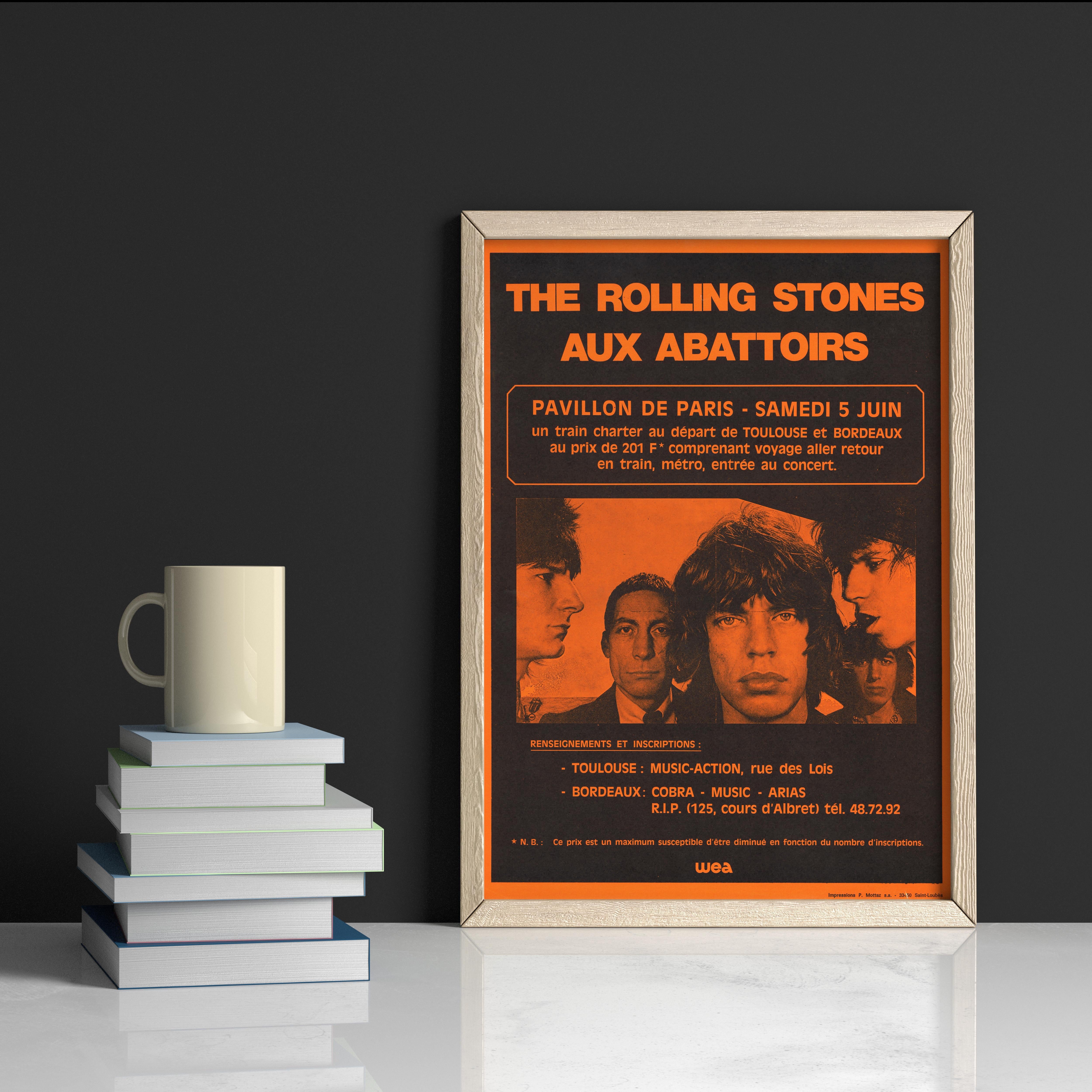 Affiche de concert française pour un concert des Rolling Stones aux Abattoirs:: Pavillon de Paris:: le samedi 5 juin 1976 lors de leur tournée européenne 1976 en soutien à l'album 'Black and Blue' Mick Jagger a déclaré au Old Grey Whistle Test que