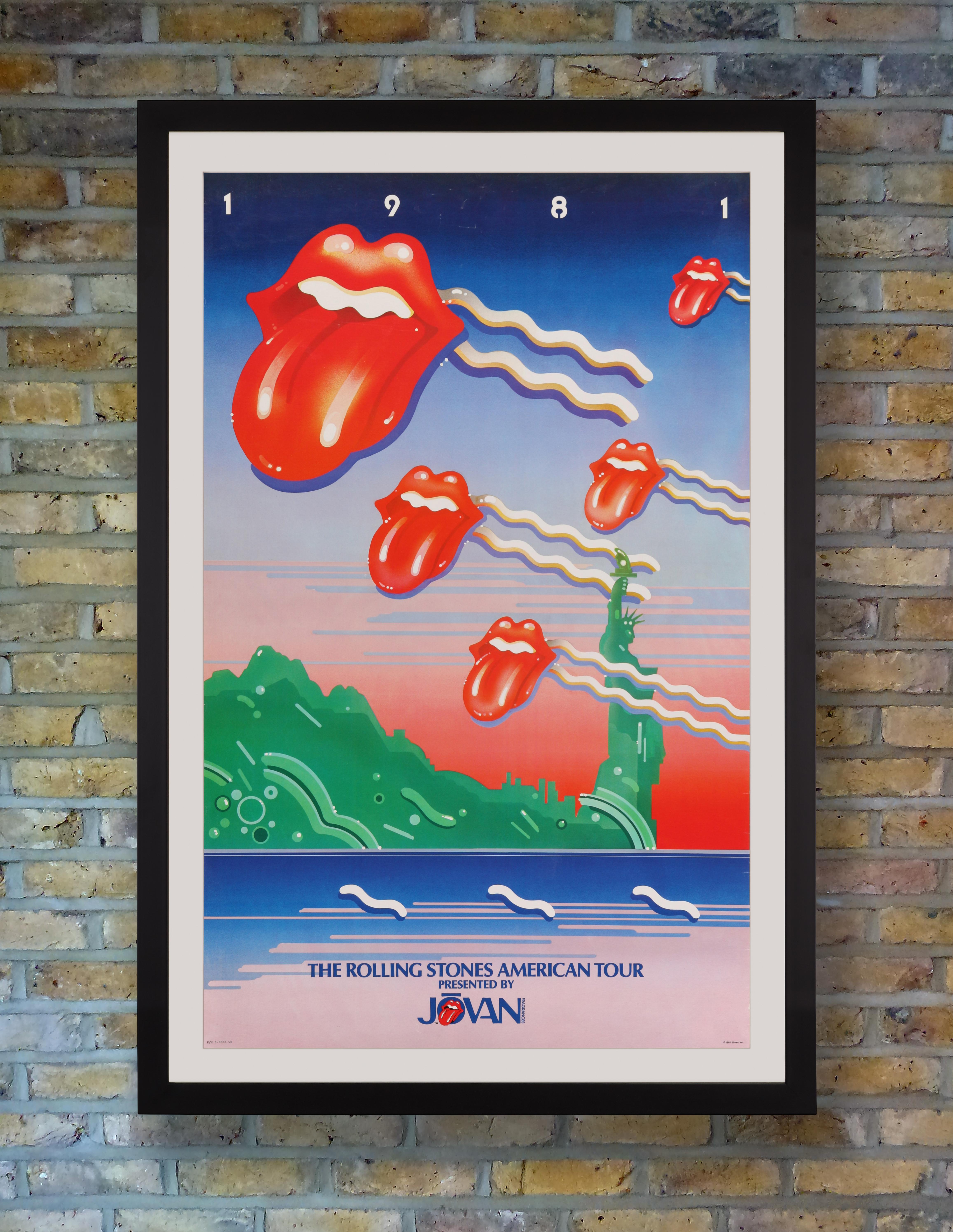 A promotional poster advertising the Rolling Stones 1981 American Tour in association with Jovan Fragrances. Jovan bought exclusive rights as official tour sponsor for a reported $3 million.