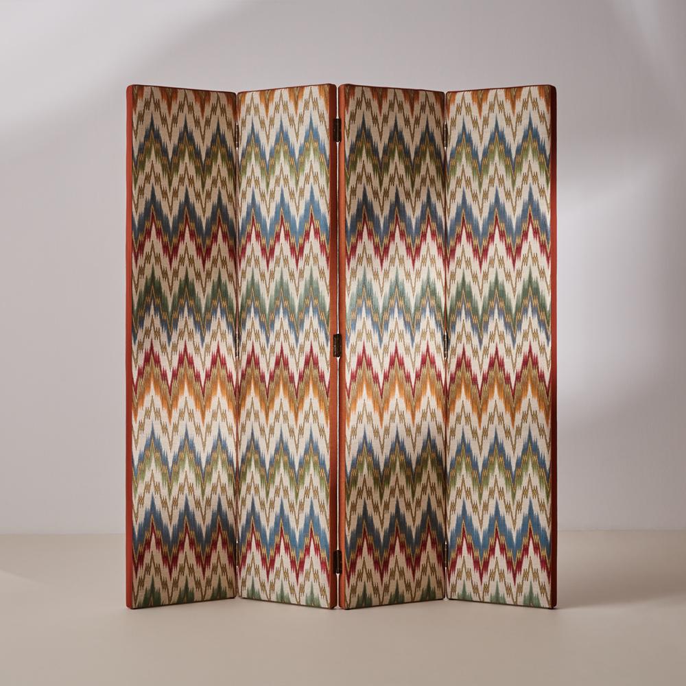 This room screen is the perfect statement to showcase your favourite fabrics or function as a separating screen between spaces.

Shown here in a colourful wave fabric by Teyssier. Inspired by a visit to Florence, Kate designed this beautiful woven
