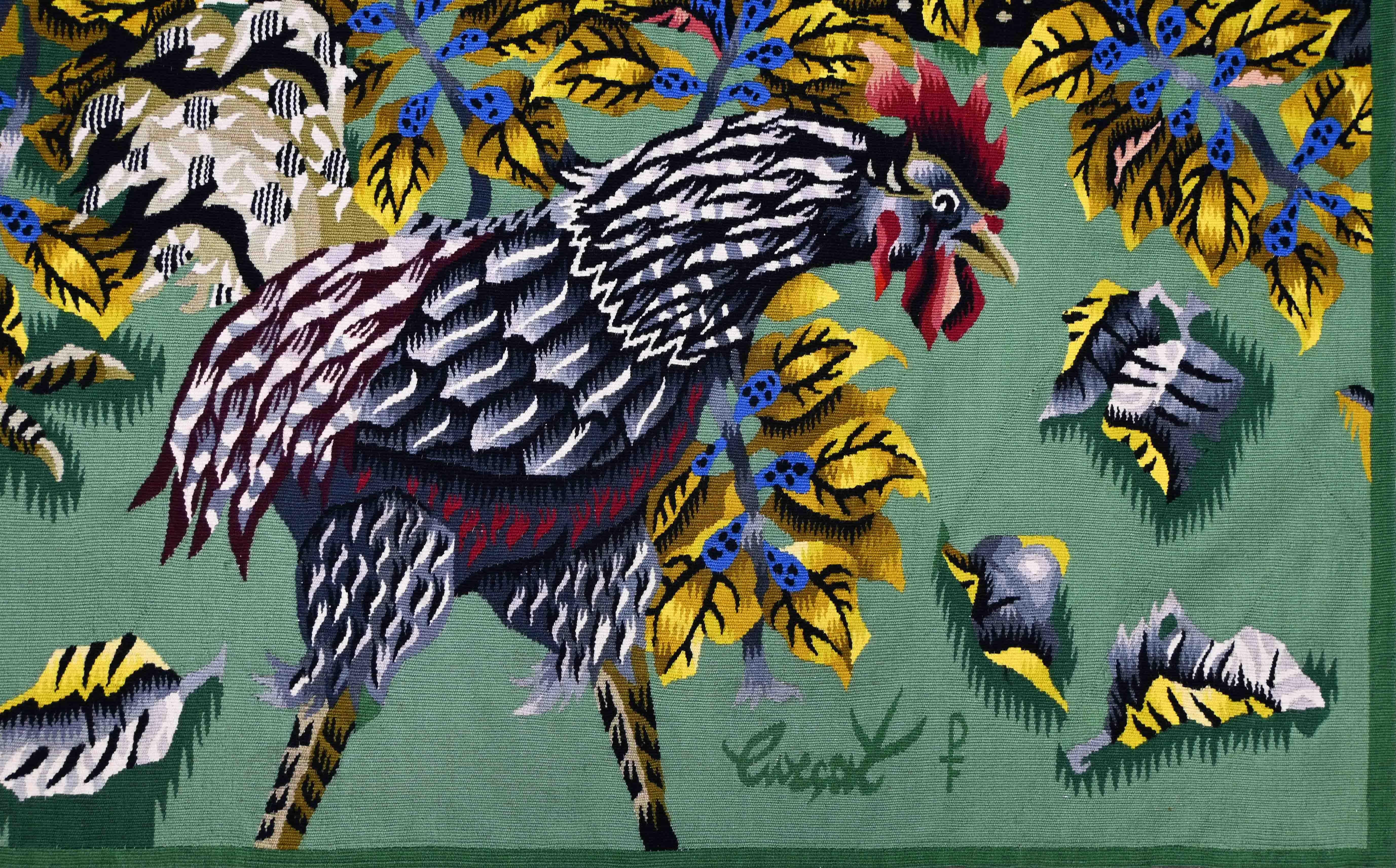 Die Hähne von Jean Lurçat - Wandteppich von Aubusson, Pinton Frères Workshop - N 1575 (Moderne) im Angebot