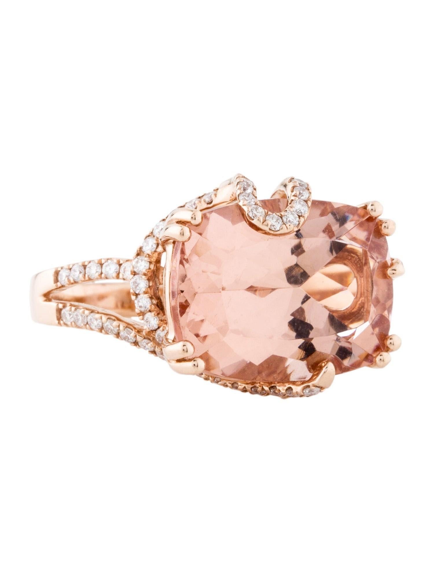 This is a magnificent morganite and diamond cocktail ring set in solid 14K rose gold. The natural large rectangular cushion cut 12.3 Ct morganite has an excellent peachy pink color (AAA quality gem) and has a unique diamond encrusted shank that. The