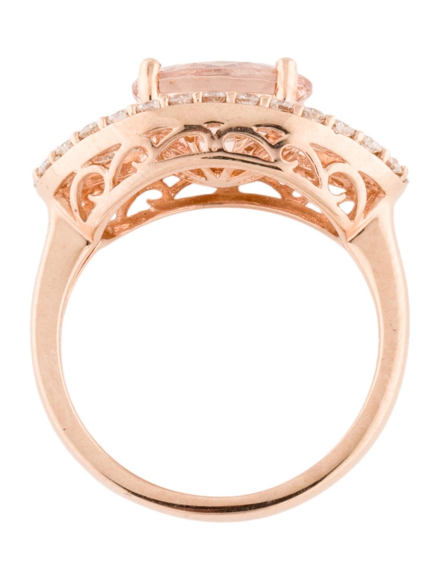 This is a magnificent morganite and diamond halo ring set in solid 14K rose gold. This east to west set 2.37 Ct morganite oval has an excellent peachy pink color (AAA quality gem) and is surrounded by a unique infinity style diamond halo. The ring
