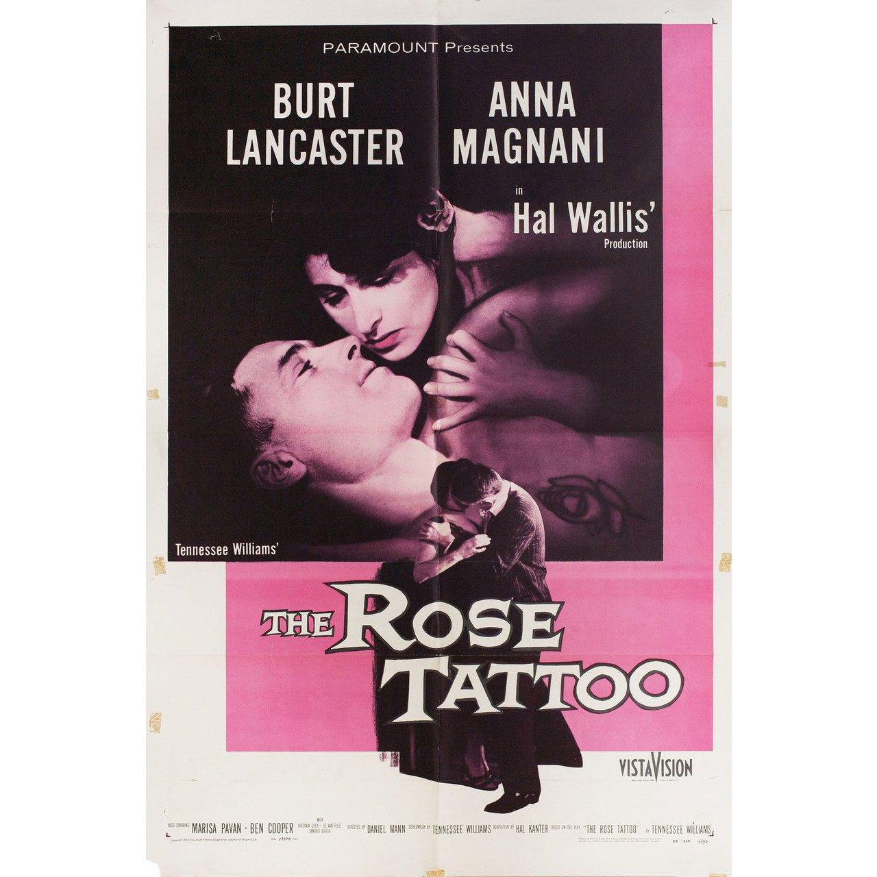 Original 1955 U.S. one sheet poster for the film The Rose Tattoo directed by Daniel Mann with Anna Magnani / Burt Lancaster / Marisa Pavan / Ben Cooper. Very good condition, folded with tape stains. Many original posters were issued folded or were