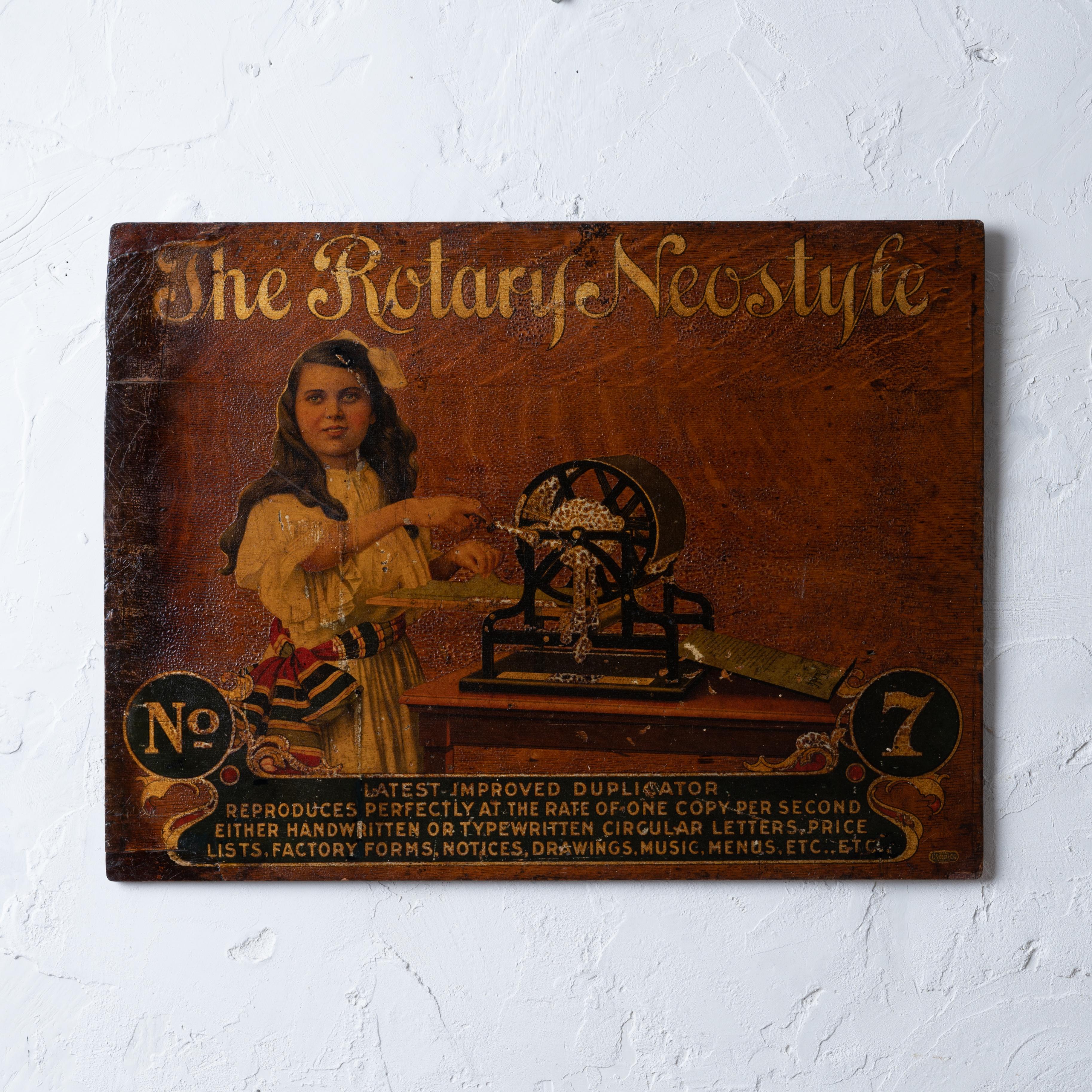An oak panel advertising board for The Rotary Neostyle mimeograph copy machine.  The board made and labeled by the US Decal Co. Chicago.

24 by 18 inches; ⅜ inches deep

