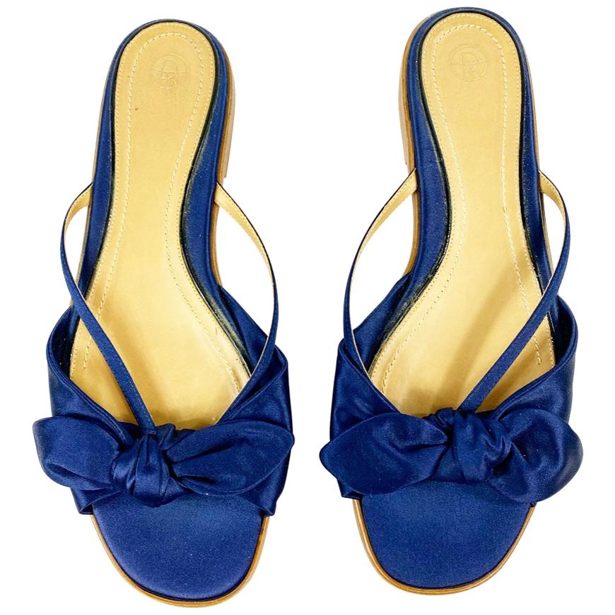 THE ROW April Navy Silk Bow Slippers Size 38.5 w/ box