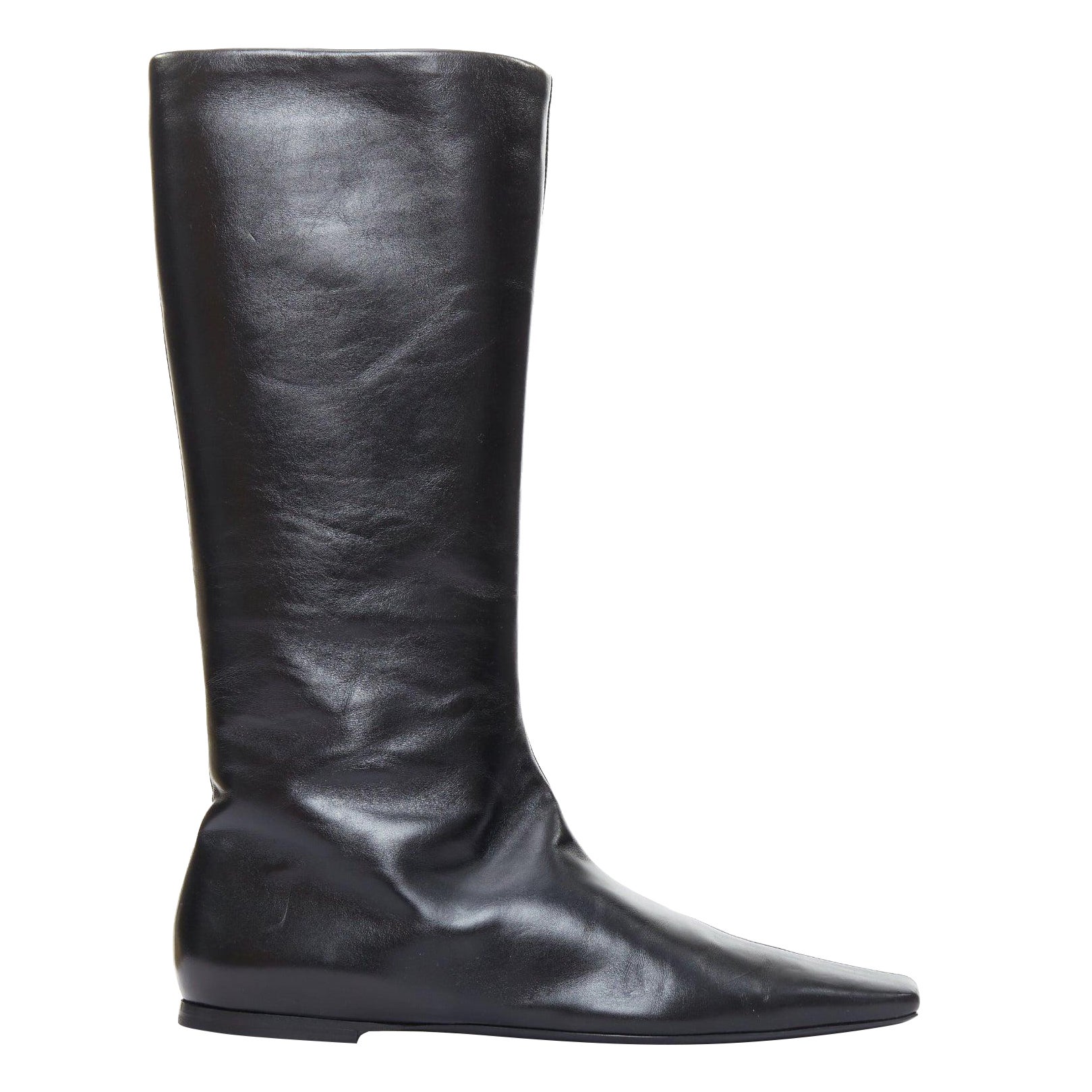 THE ROW Bette schwarzes Leder quadratische Zehen kniehohe flache Stiefel EU37.5 im Angebot