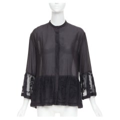 THE ROW black cotton silk fringed embroidered lace peplum sheer shirt US2 S