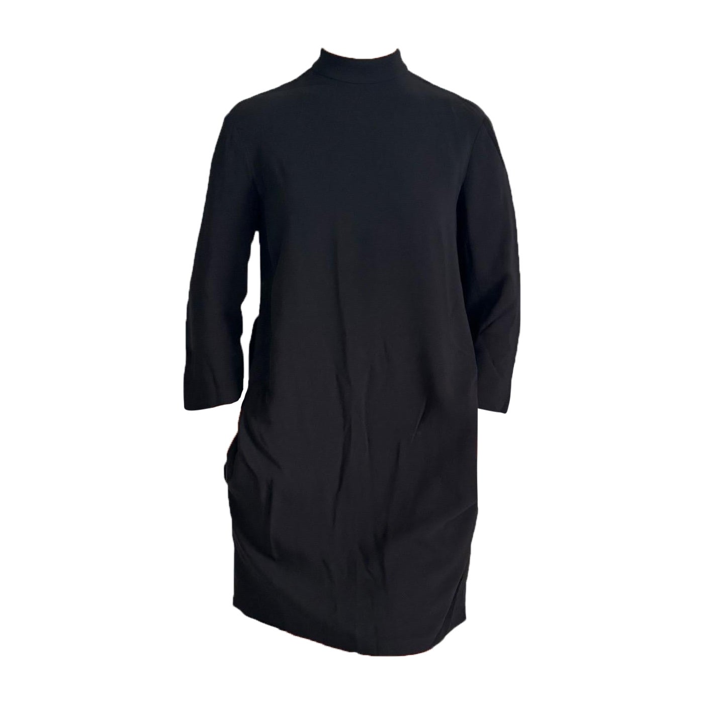 The Row Black Crepe Shift Dress size US 0 Mock neck Pockets Viscose 3/4 Sleeve