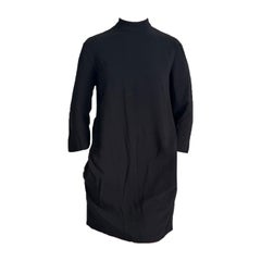 The Row Black Crepe Shift Dress size US 0 Mock neck Pockets Viscose 3/4 Sleeve