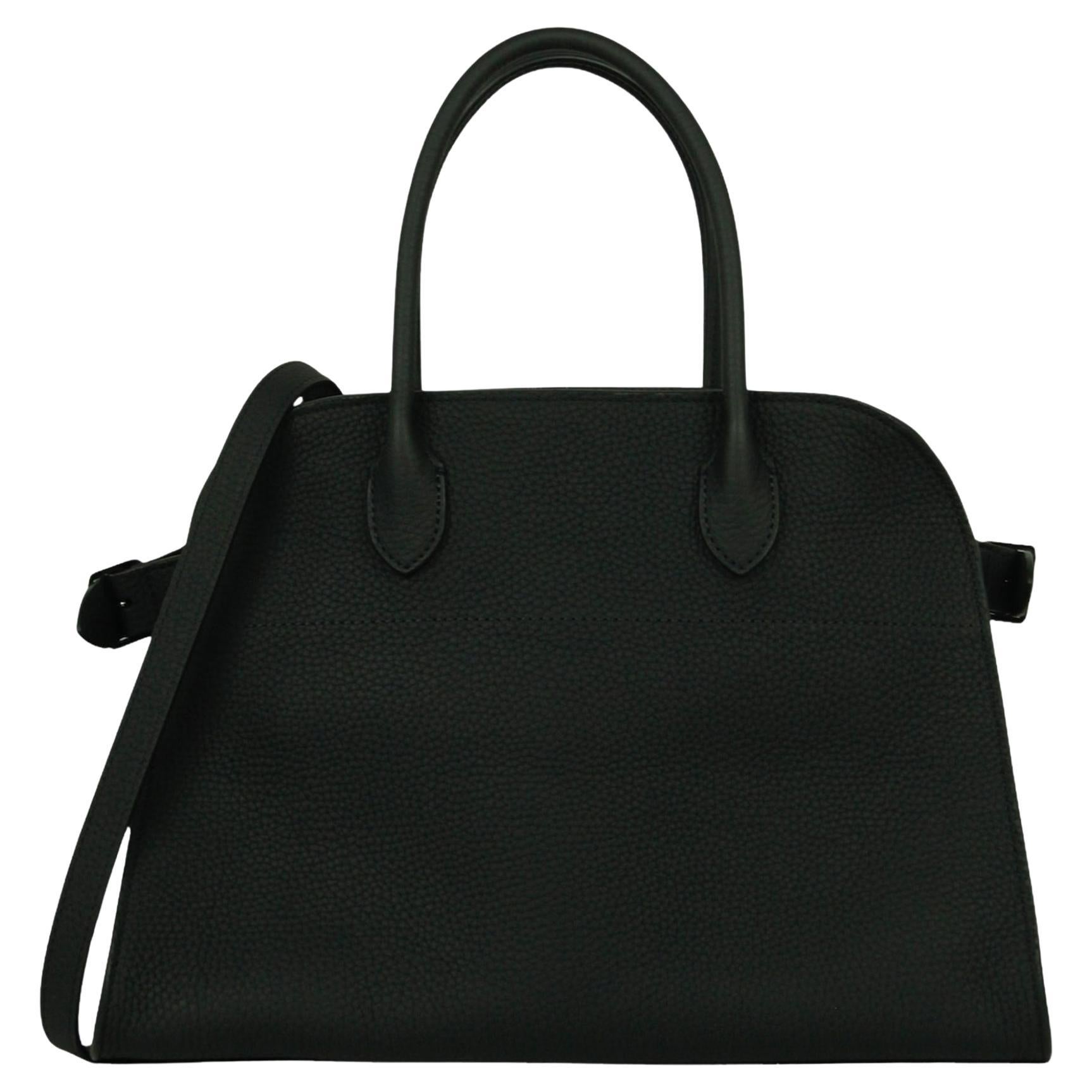 The Row Black Grained Leather Soft Margaux 12 Bag w/ Strap