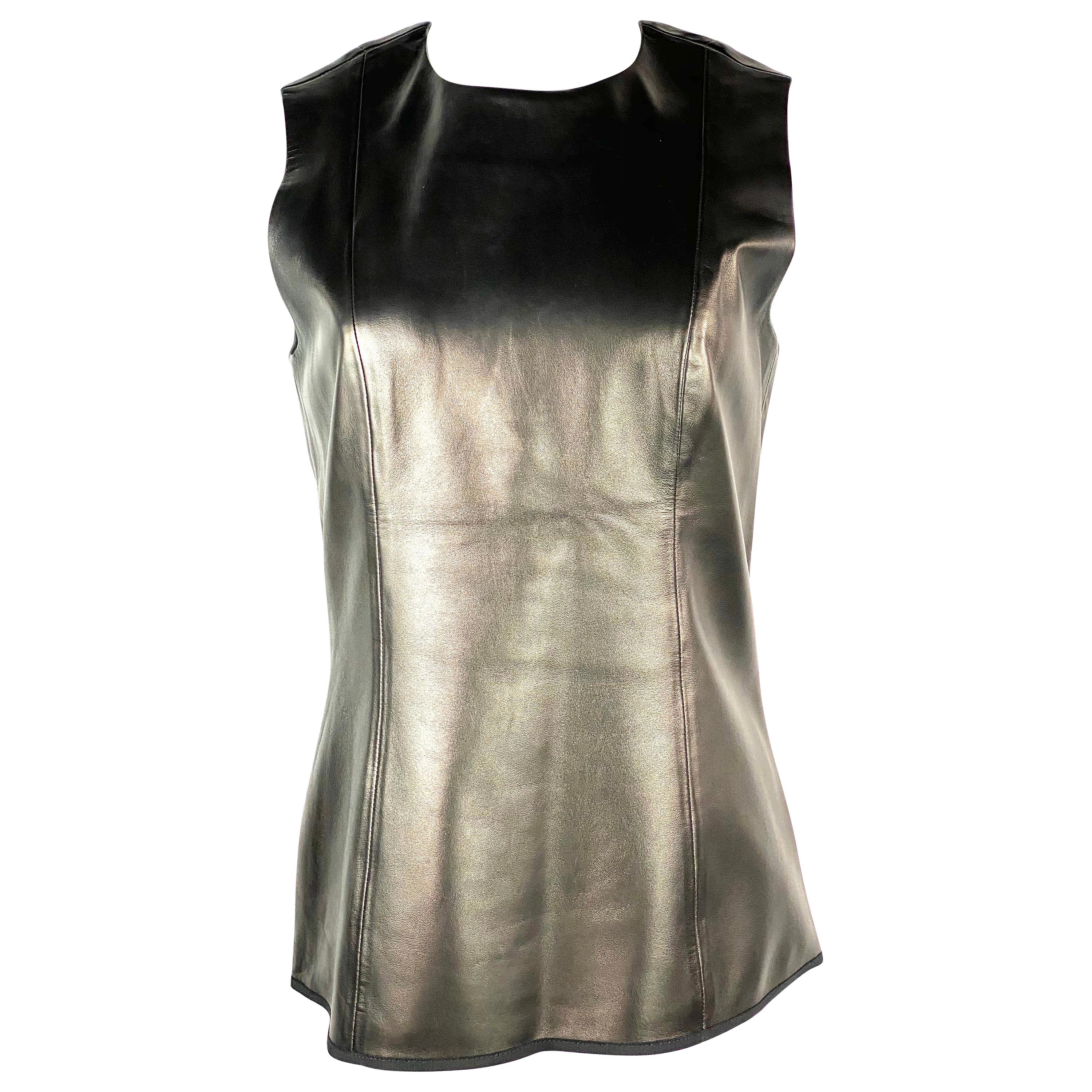 THE ROW Black Lambskin Leather Sleeveless Top Size 8 For Sale