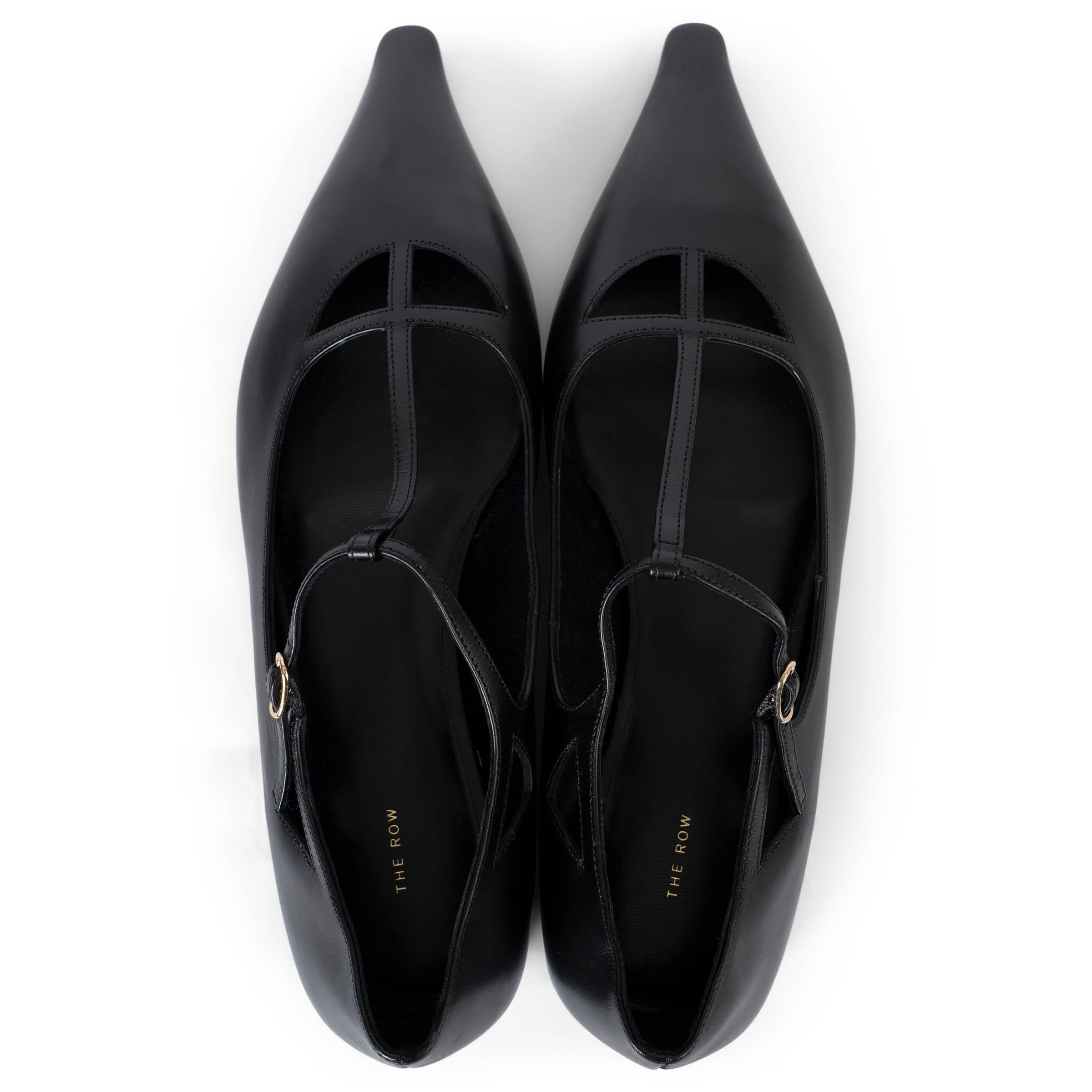 Women's THE ROW black leather 2023 CYD T-STRAP MARY JANE Flats Shoes 40