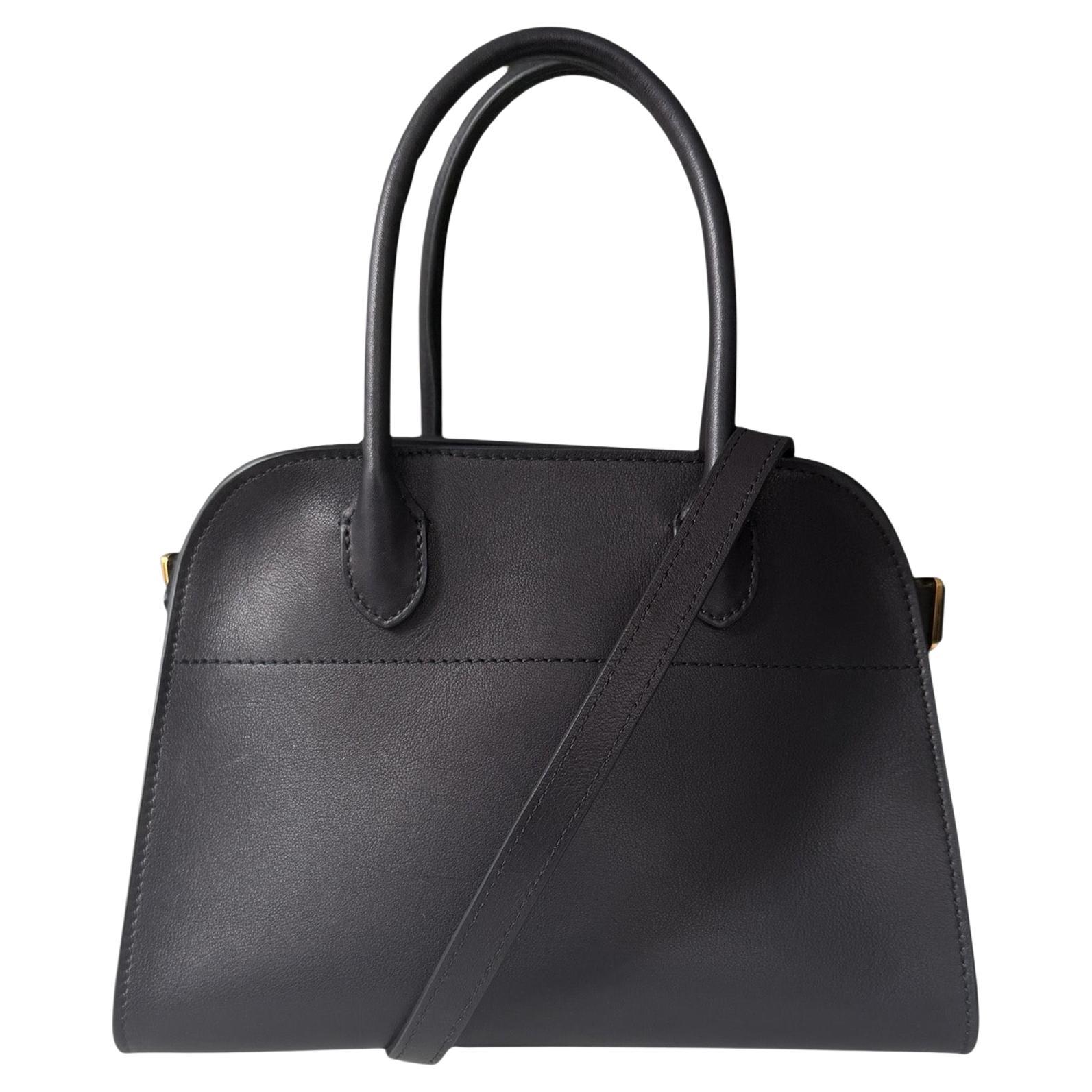 The Row Black Saddle Calfskin Leather Soft Margaux 10 Bag w/ Strap For Sale