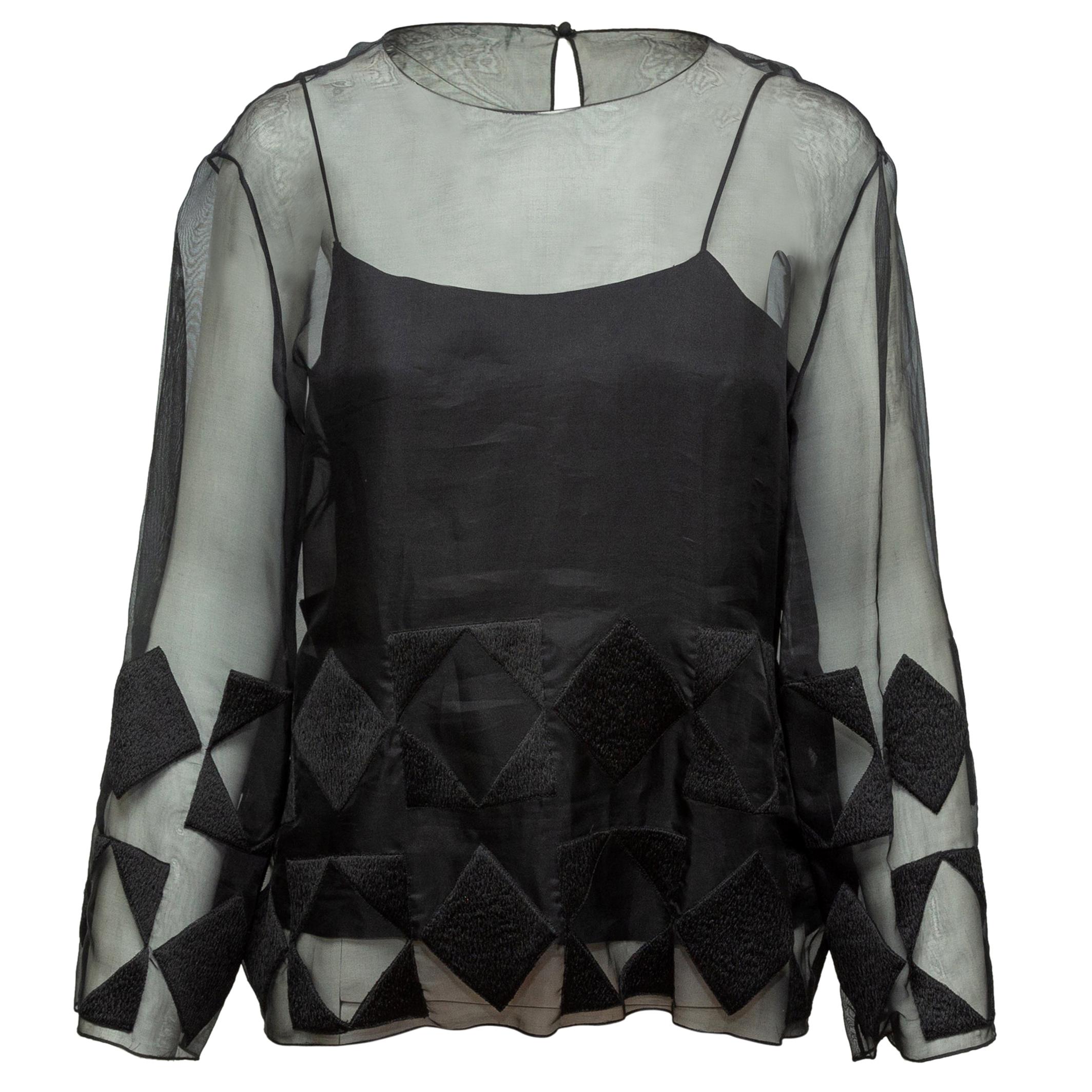 Black Sheer Round Neck Long Sleeve Blouse
