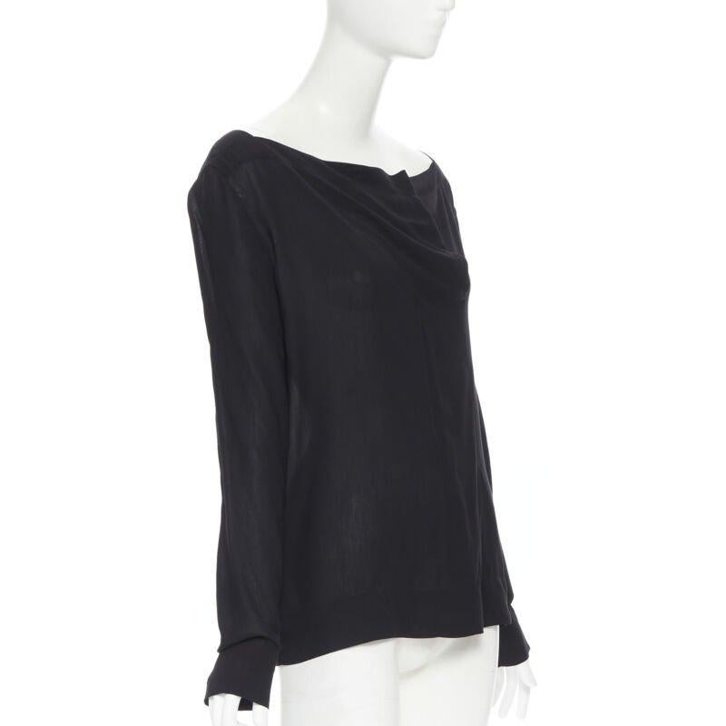 Black THE ROW black viscose pleated wide boat neck leather button cuff blouse top US2 For Sale