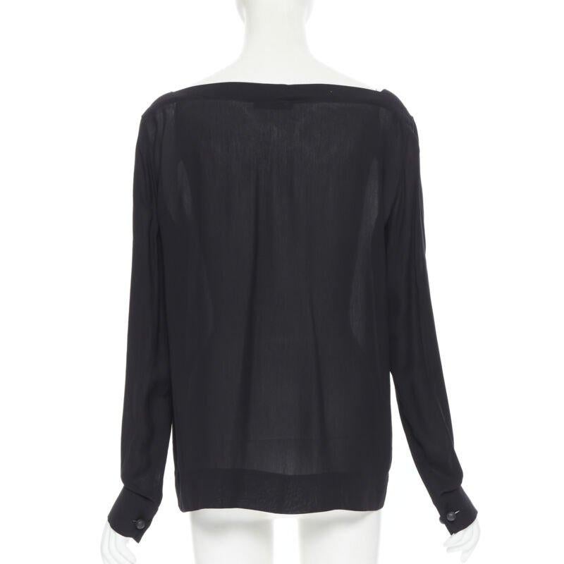 Women's THE ROW black viscose pleated wide boat neck leather button cuff blouse top US2 For Sale