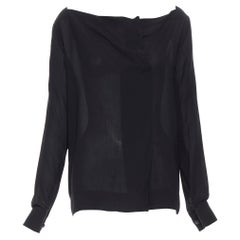 THE ROW black viscose pleated wide boat neck leather button cuff blouse top US2