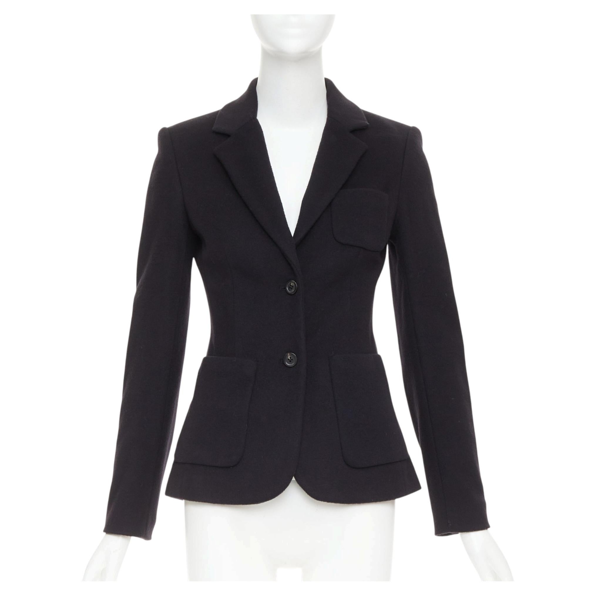 Chaqueta blazer entallada de The Row, de lana negra con ribetes de piel de ciervo y 3 bolsillos de parche, talla US2 S