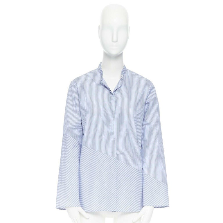 THE ROW blue 100 cotton pinstripe band collar asymmetric buttonup shirt US2 For Sale at 1stDibs