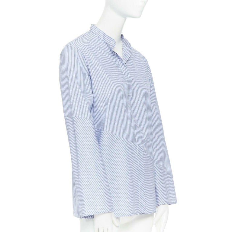 THE ROW blue 100 cotton pinstripe band collar asymmetric buttonup shirt US2 For Sale at 1stDibs