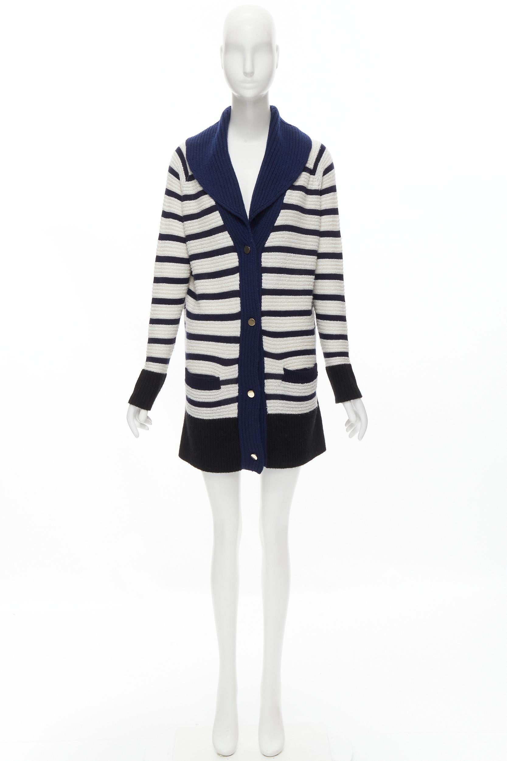 THE ROW blue white nautical striped gold button long chunky cardigan coat M 2