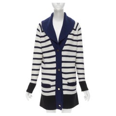 THE ROW blue white nautical striped gold button long chunky cardigan coat M