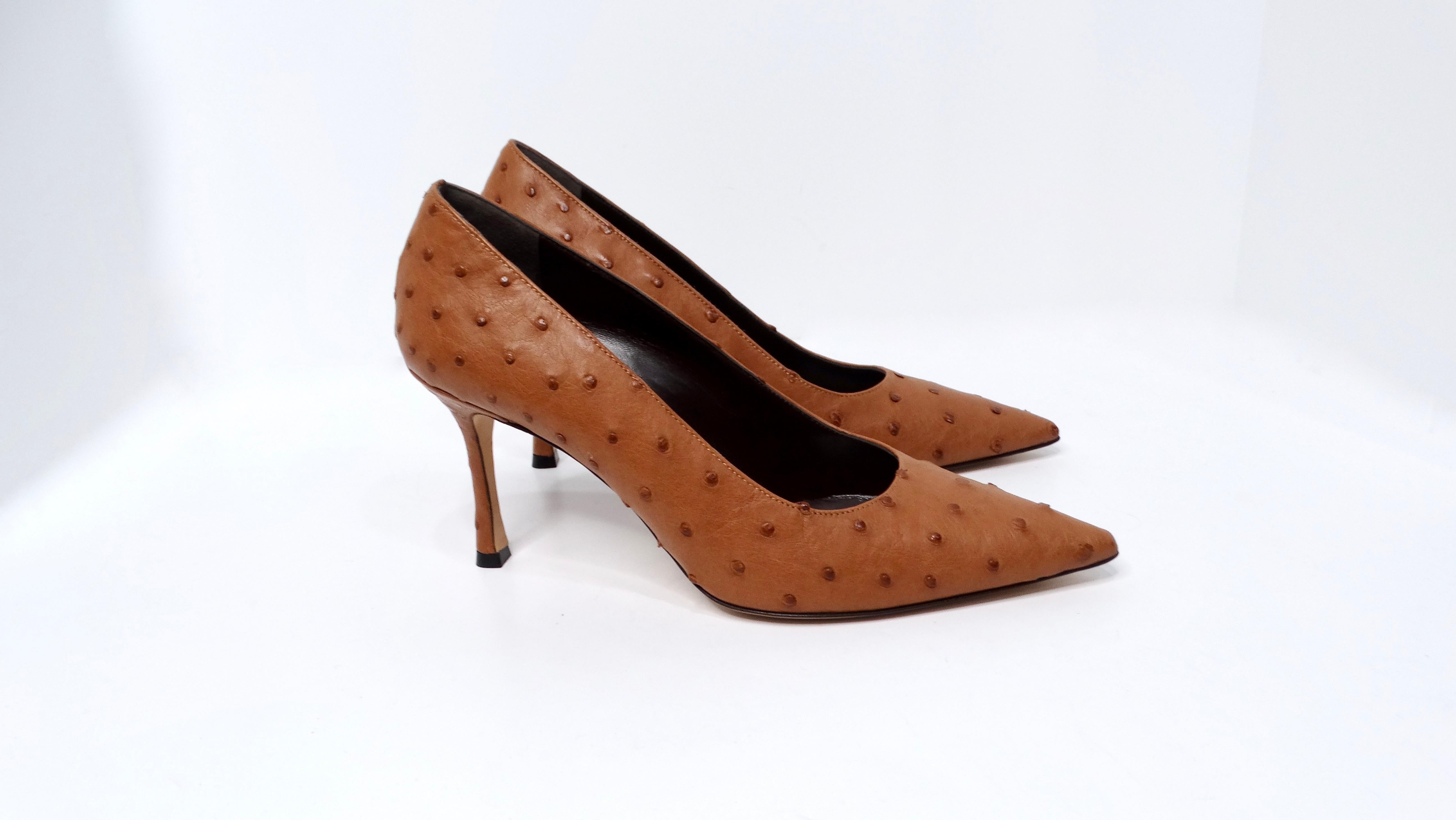 Elevate your footwear collection with The Row Brown Ostrich Embossed Leather Pumps, featuring a luxurious warm brown hue that seamlessly complements a variety of outfits. Crafted from high-quality ostrich-embossed leather, these pumps exude