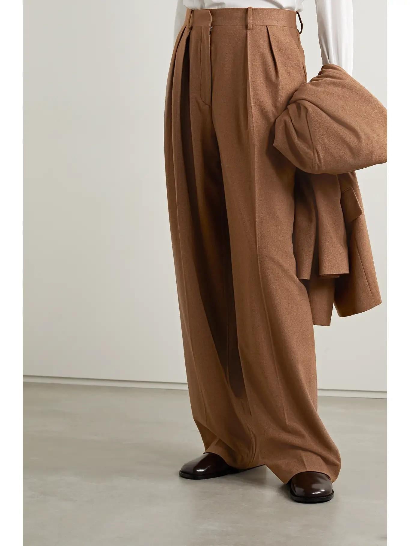 THE ROW brown silk cashmere 2021 IGOR HIGH WAISTED PLEATED Pants 6 S For Sale 2