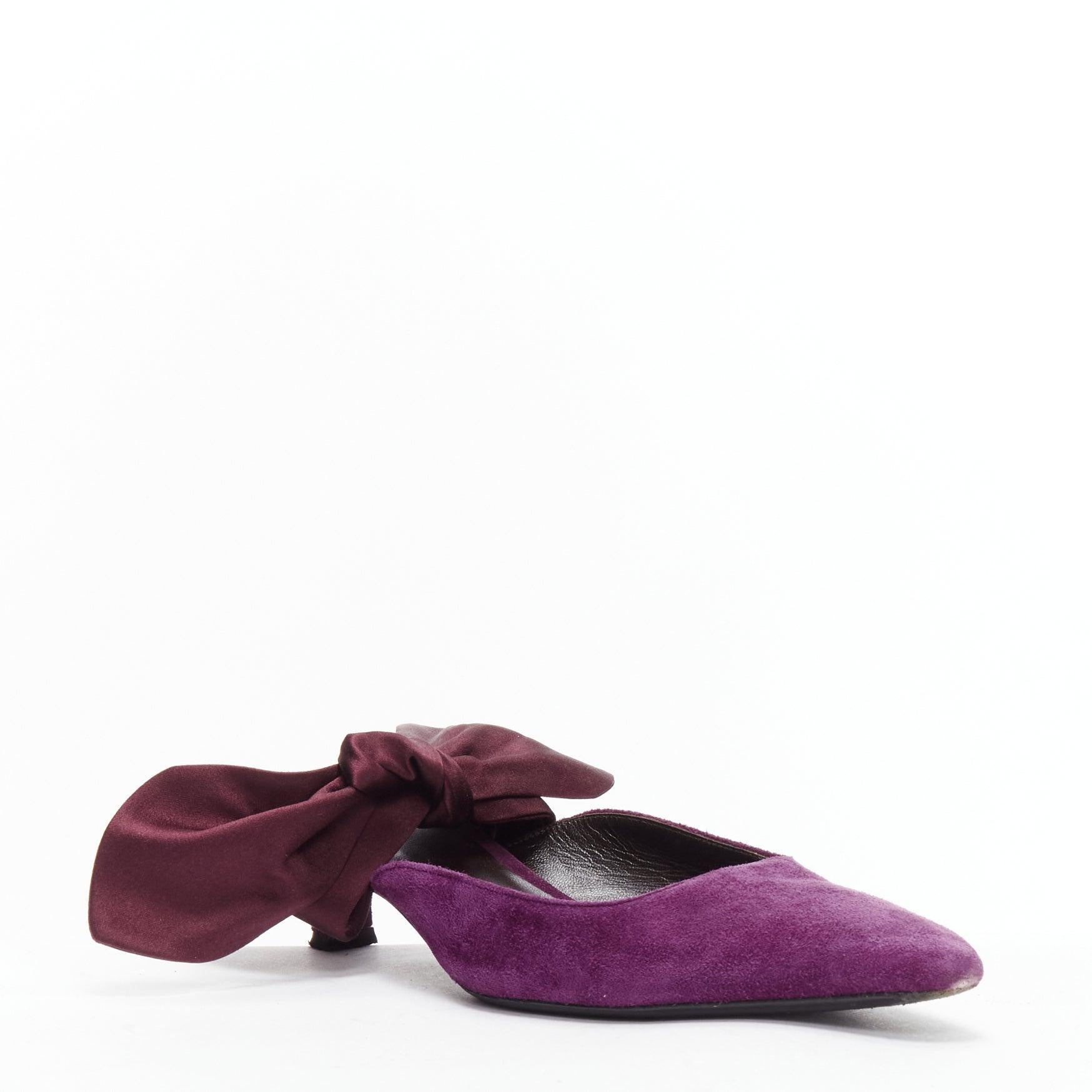Black THE ROW Coco Bow purple velvet silk tie kitten mule heels EU37.5 For Sale