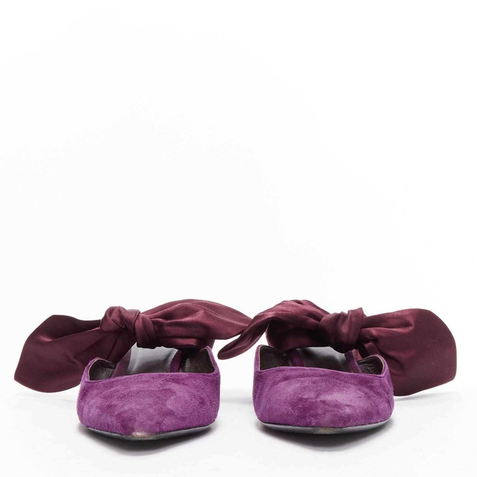 THE ROW Coco Bow purple velvet silk tie kitten mule heels EU37.5 In Good Condition For Sale In Hong Kong, NT