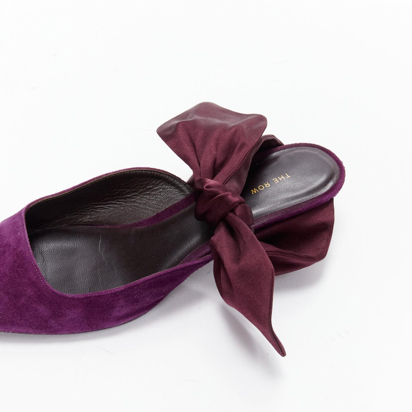 THE ROW Coco Bow velours violet cravate de soie kitten mule heels EU37.5 en vente 4