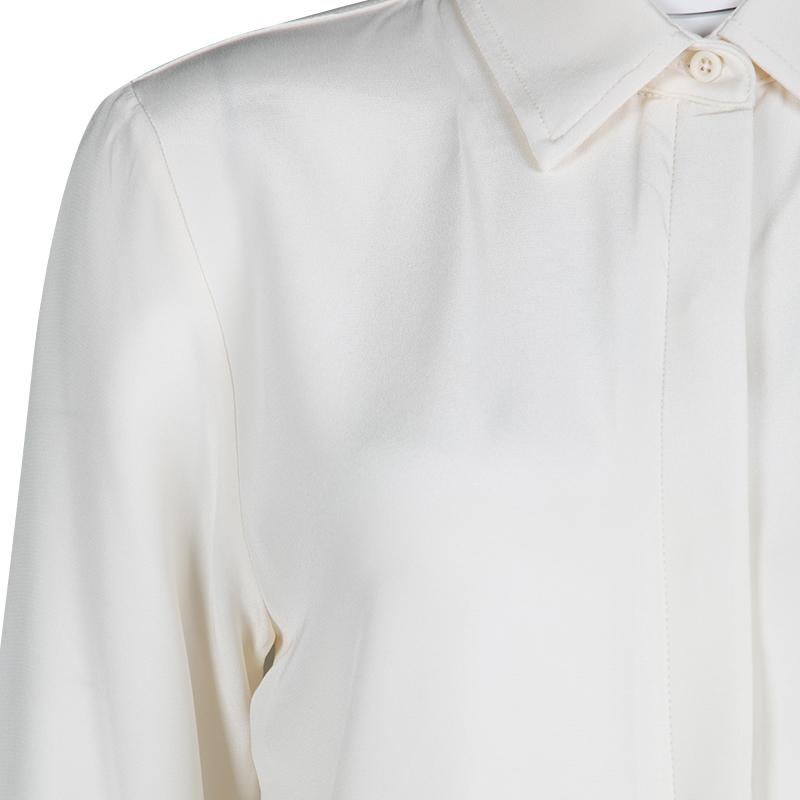 The Row Cream Silk Leather Trim Long Sleeve Button Front Shirt M In Good Condition In Dubai, Al Qouz 2