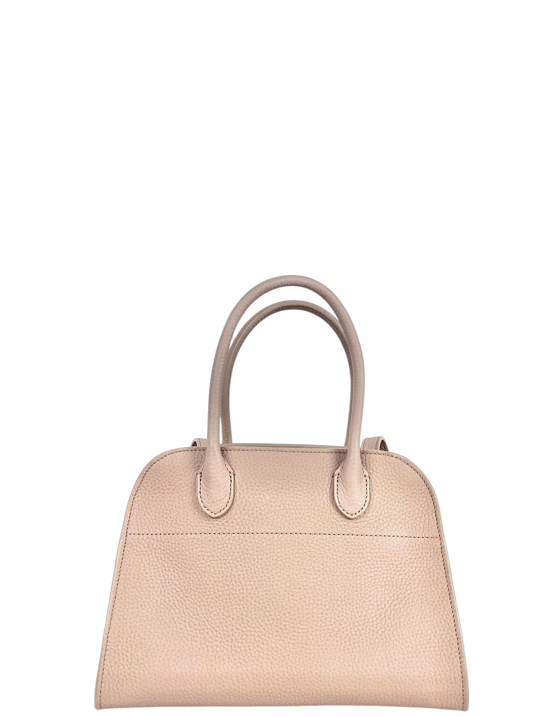 The Row Dark Taupe Grained Calfskin Leather Soft Margaux 10 Bag In Excellent Condition For Sale In New York, NY