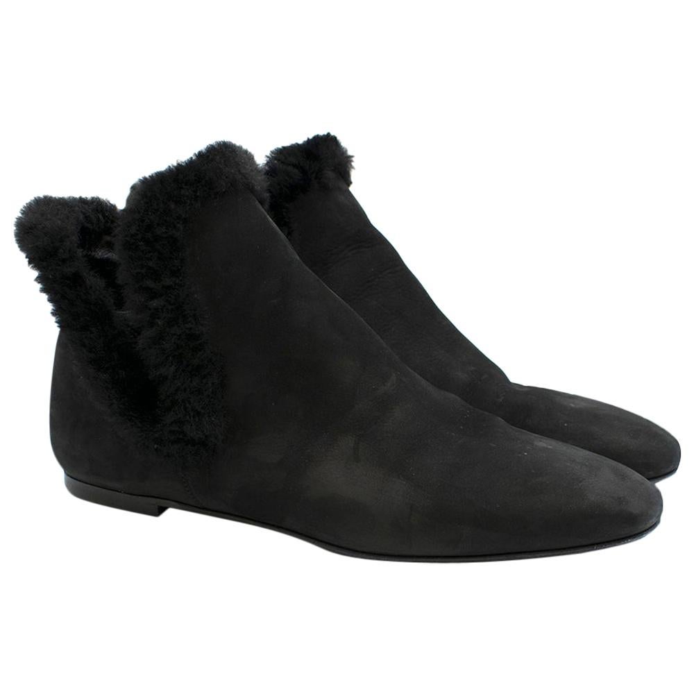 The Row Eros Shearling-Trimmed Nubuck Ankle Black Boots SIZE 39