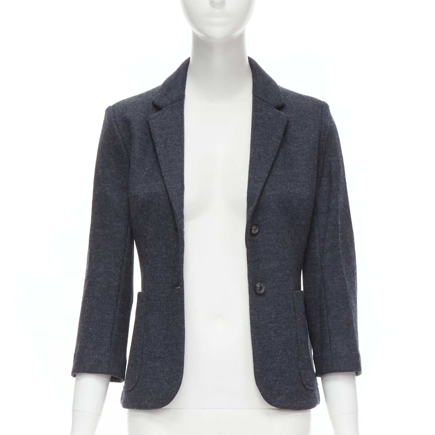 Black THE ROW Haven dark charcoal grey virgin wool 3/4 sleeve short blazer US2 XS For Sale