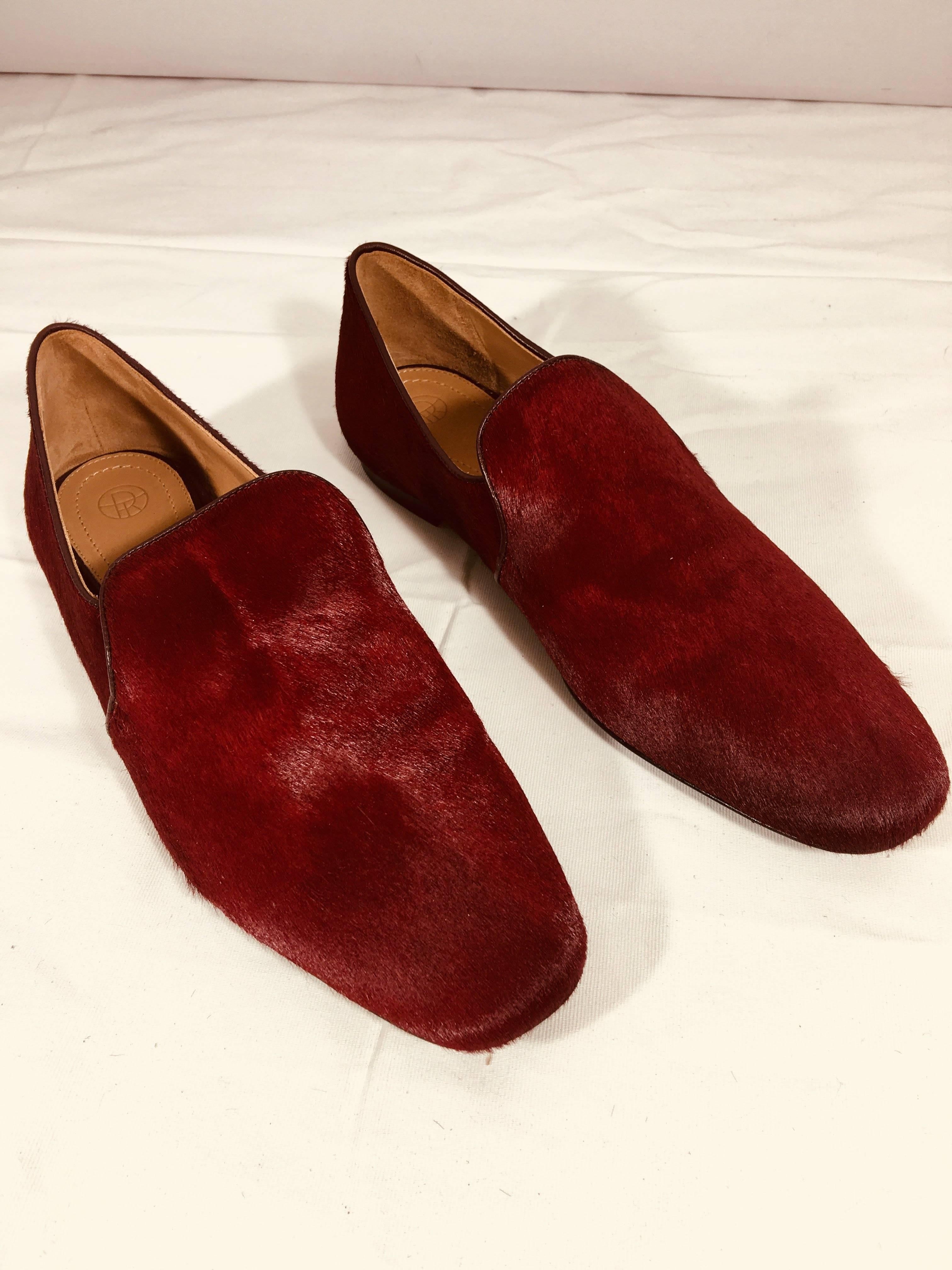 The Row Loafers- Round Toe Red Pony Hair Flats with Leather Trim.