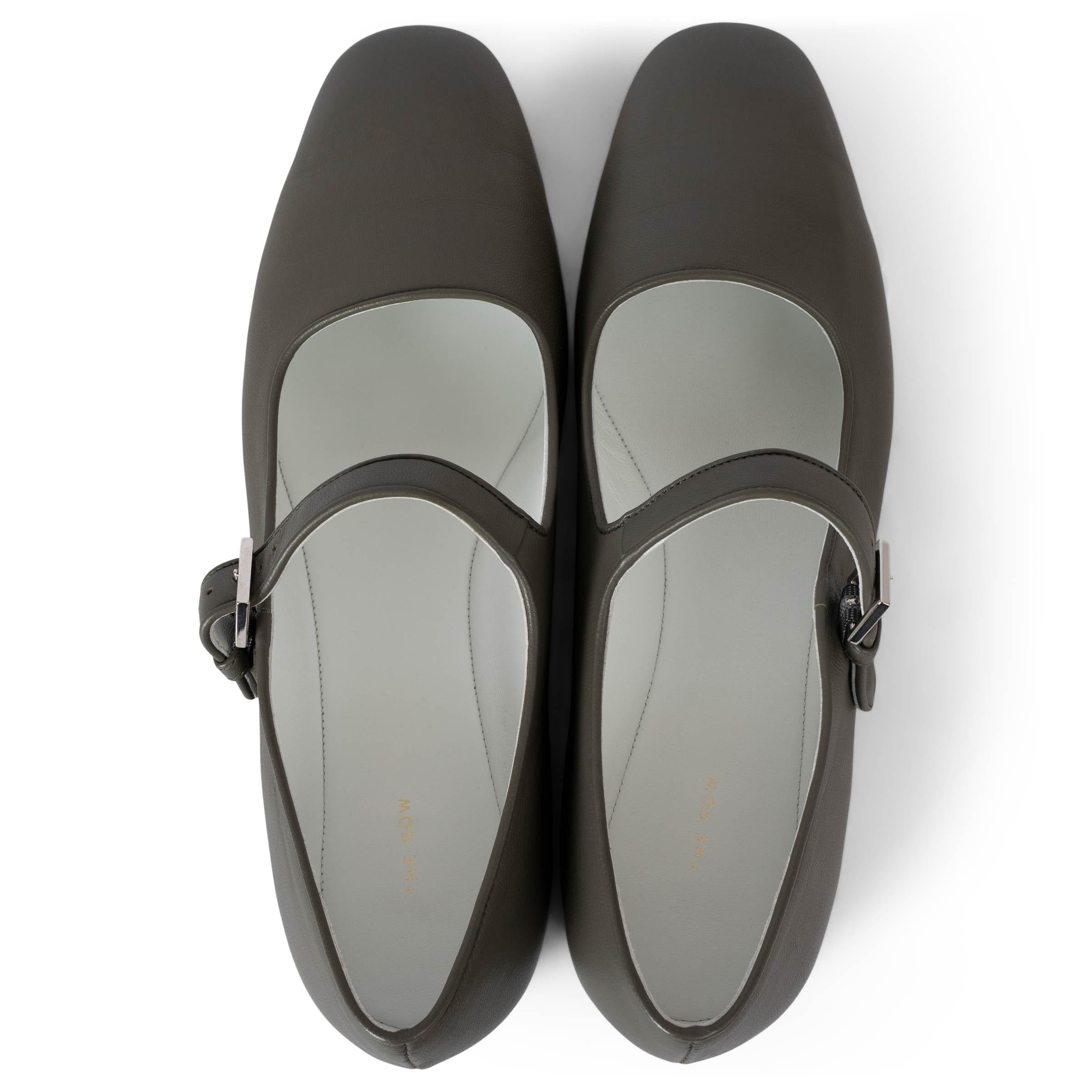 Women's THE ROW Mangrove grey leather AVA MARY JANE Ballet Flats Shoes 38