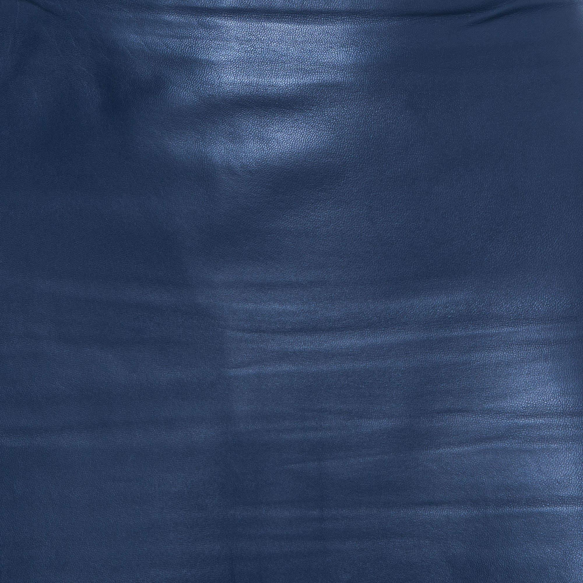 The Row Navy Blue Leather Zip Detail Short Skirt M In Good Condition In Dubai, Al Qouz 2